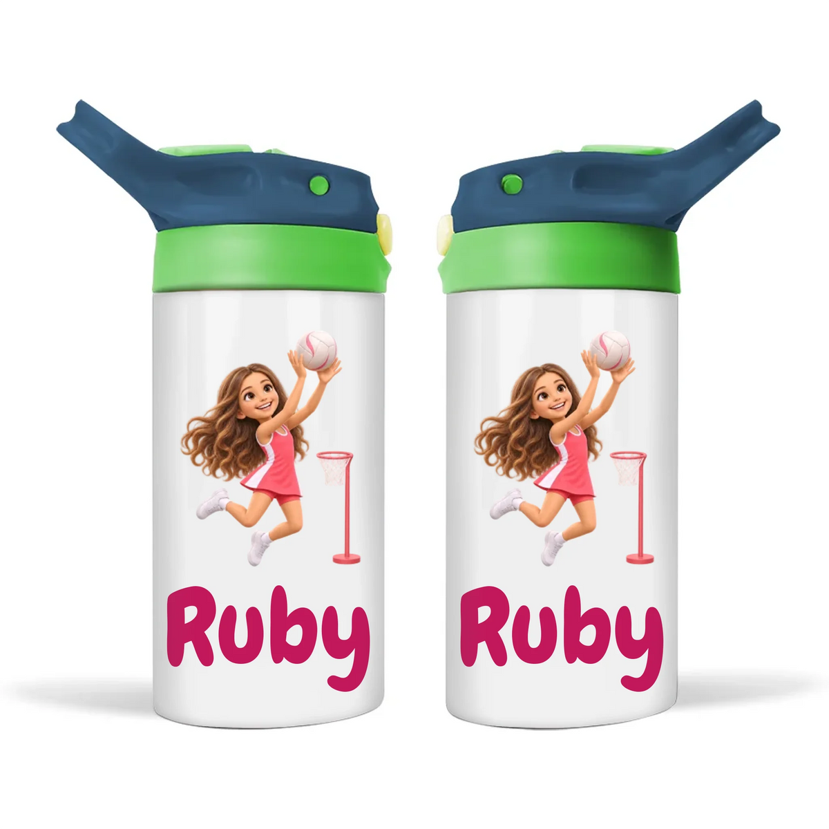 Personalised Netball Star Kids Photo Sippy Drink Bottle, Navy Blue-Green