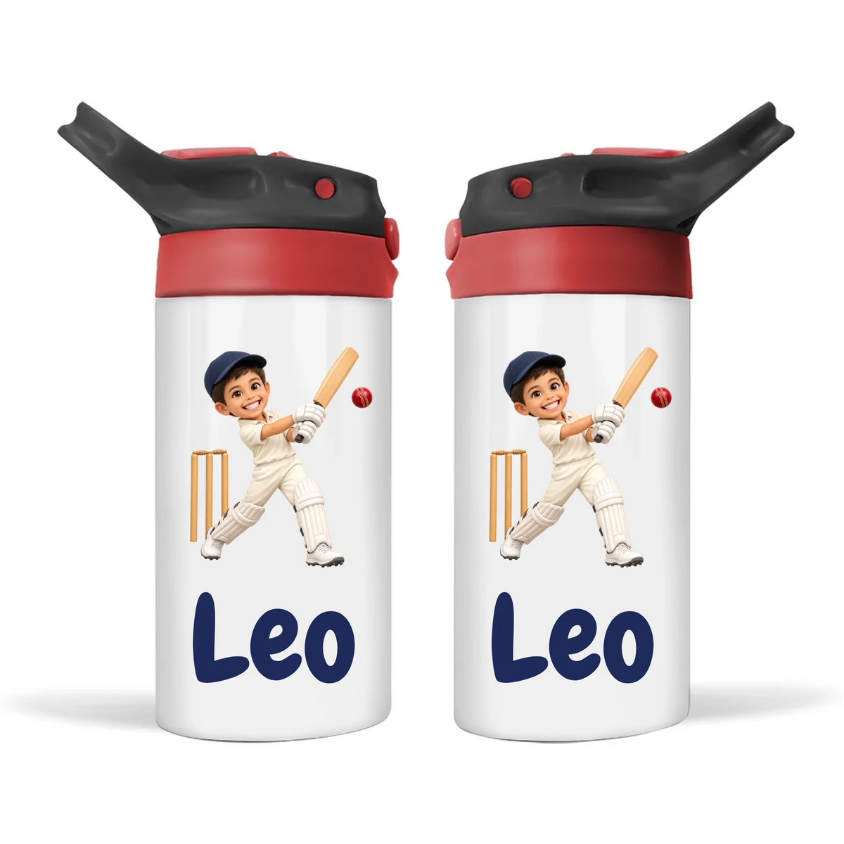 Personalised Cricket Star Kids Photo Sippy Drink Bottle, Black-Red