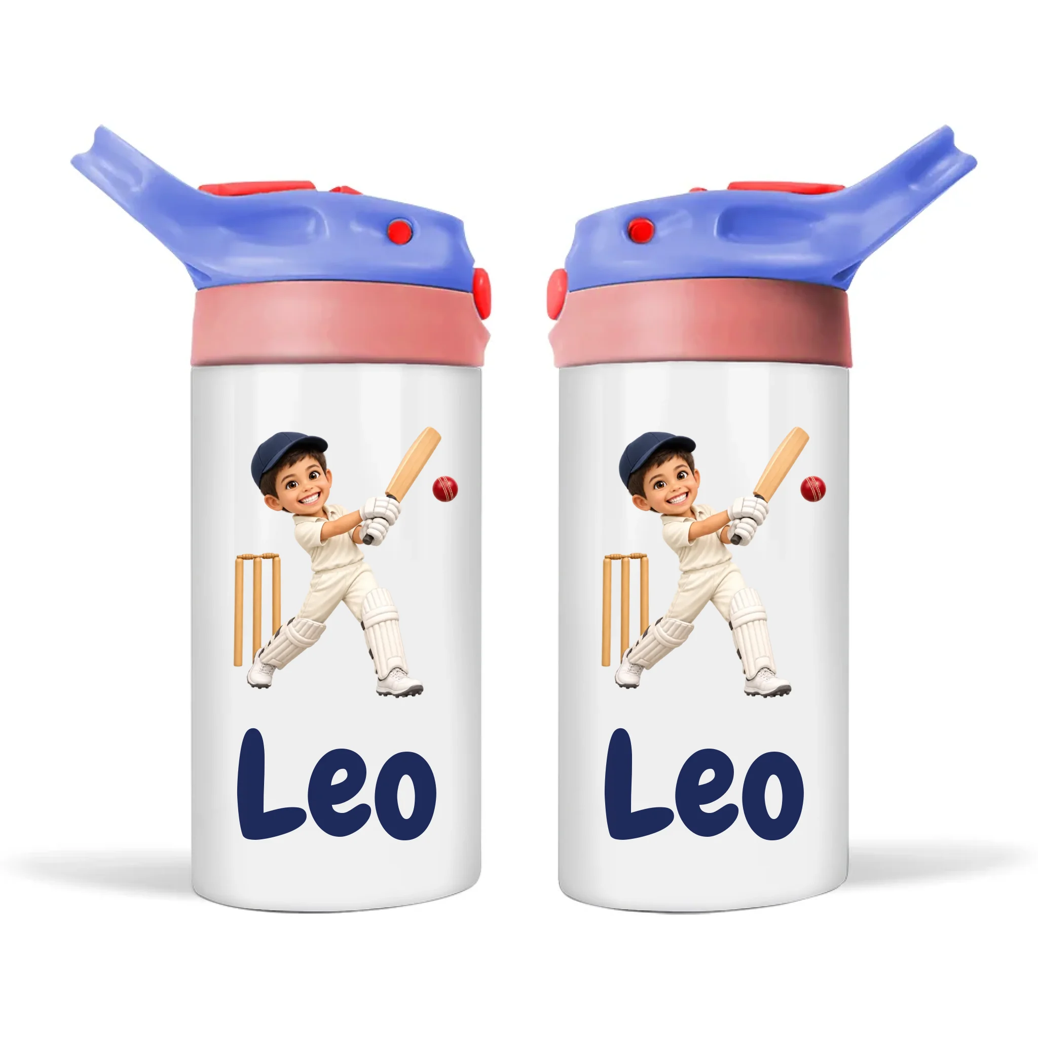 Personalised Cricket Star Kids Photo Sippy Drink Bottle, Blue-Pink