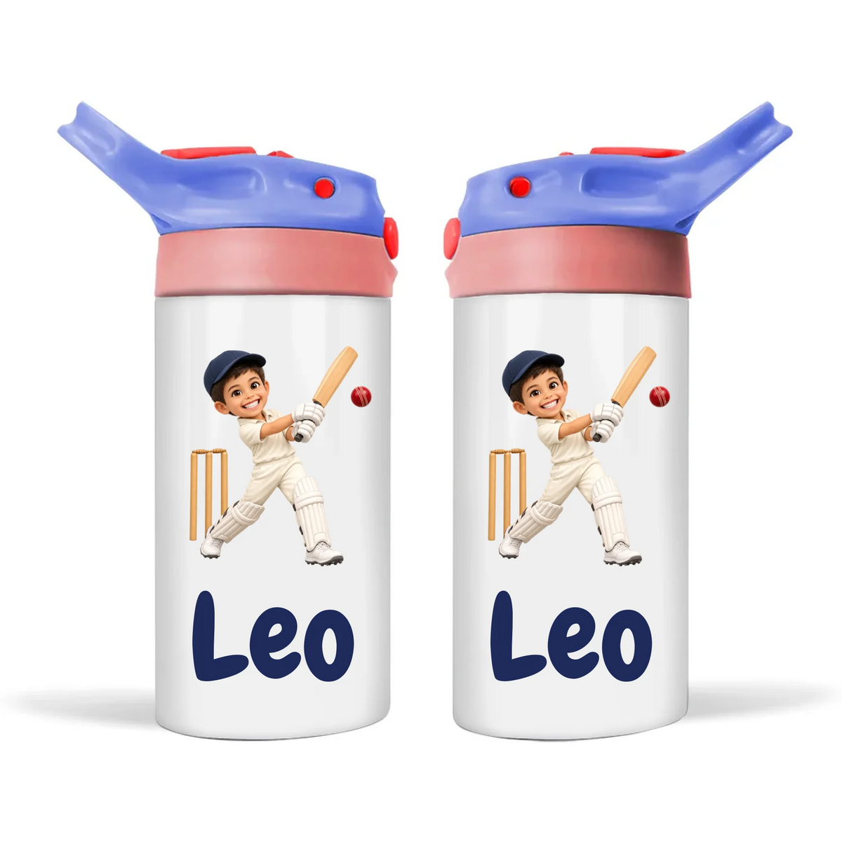 Personalised Cricket Star Kids Photo Sippy Drink Bottle, Blue-Pink