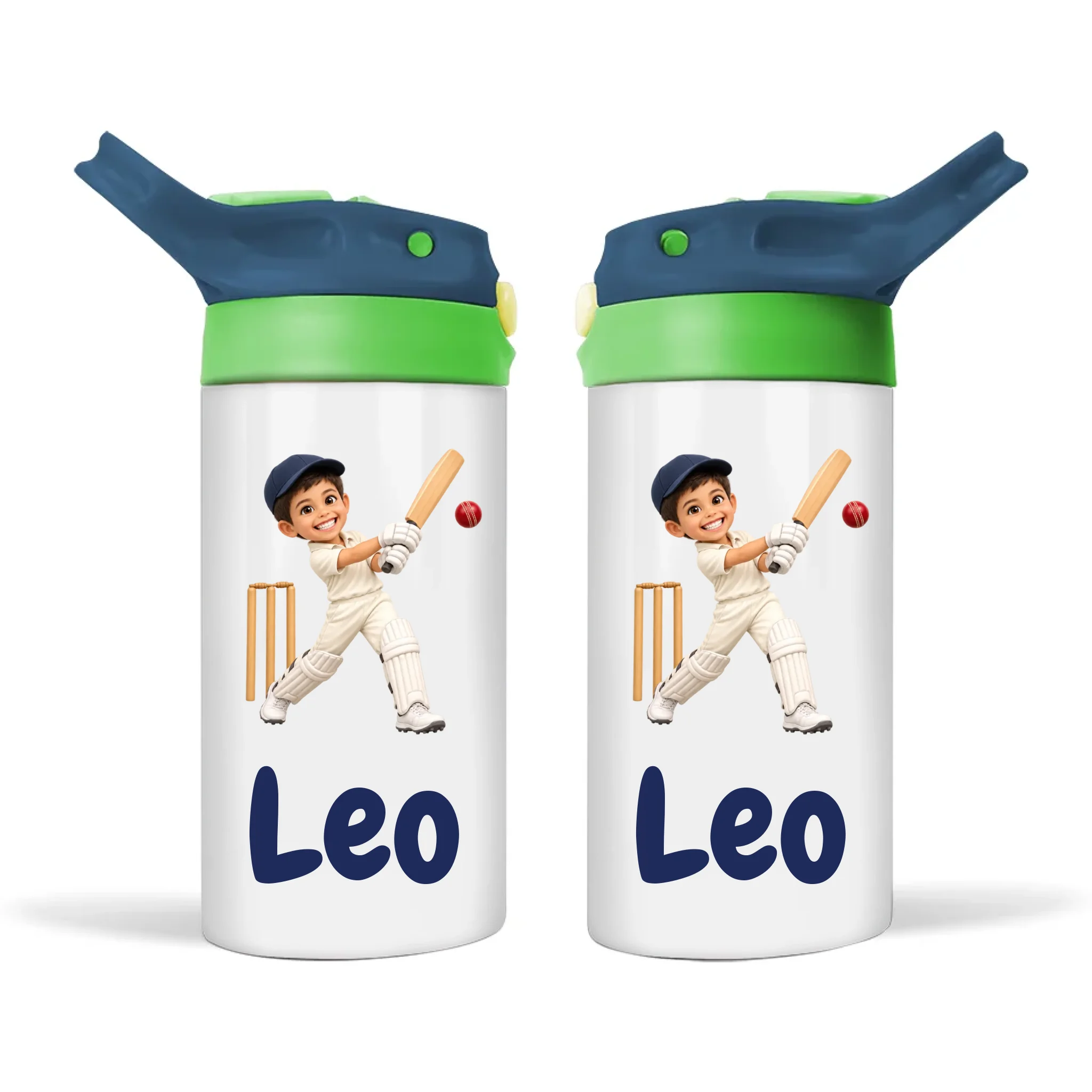 Personalised Cricket Star Kids Photo Sippy Drink Bottle, Navy Blue-Green