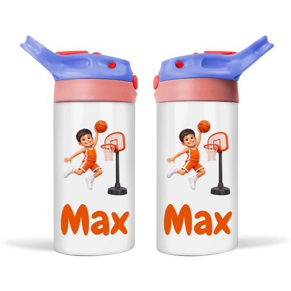 Personalised Basketball Star Kids Photo Sippy Drink Bottle, Blue-Pink