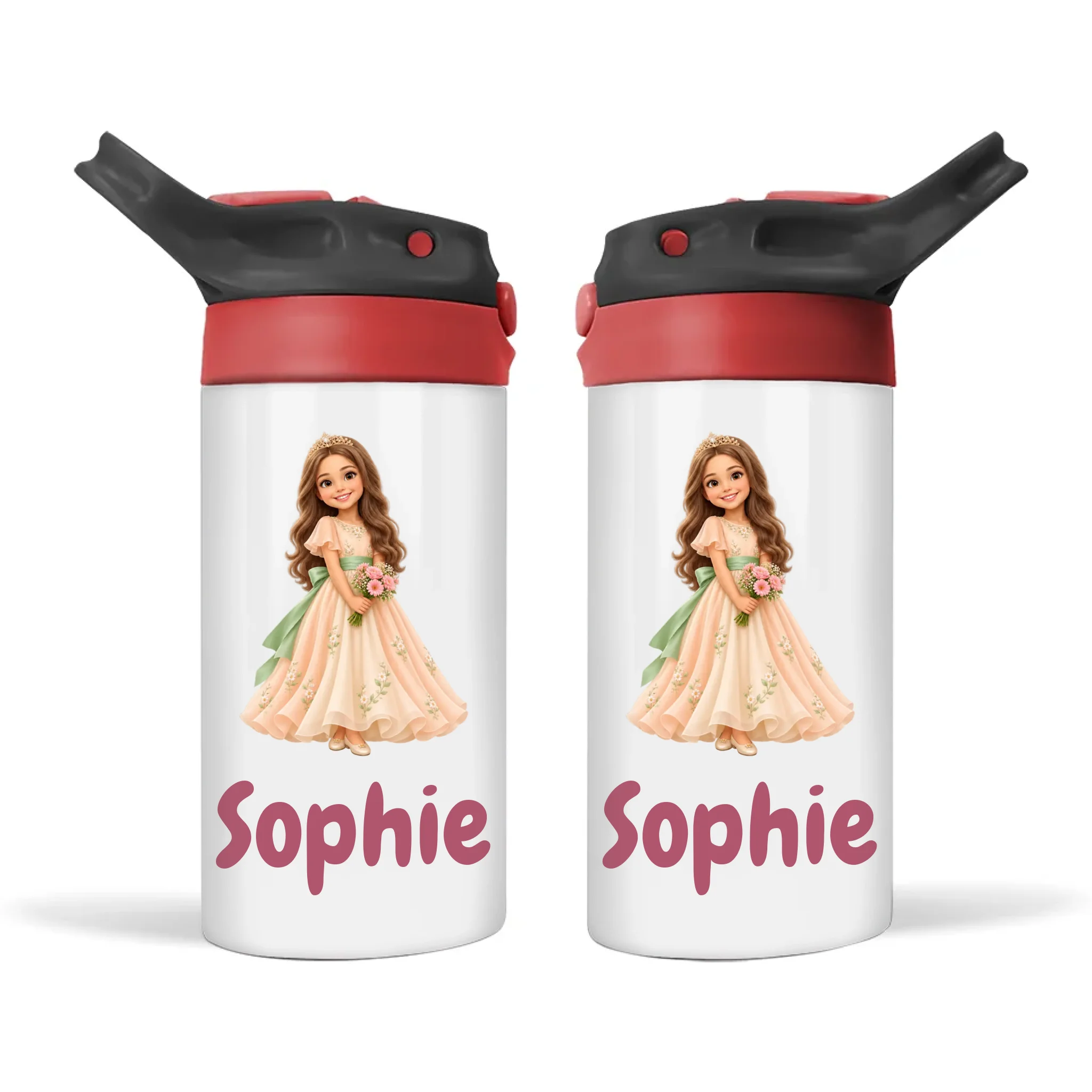 Personalised Storybook Princess and Prince Kids Photo Sippy Drink Bottle, Black-Red