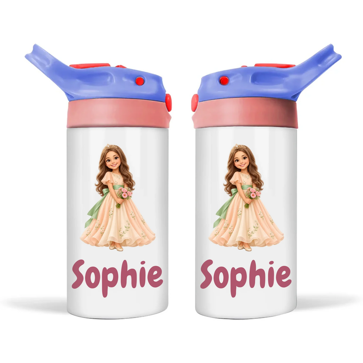 Personalised Storybook Princess and Prince Kids Photo Sippy Drink Bottle, Blue-Pink