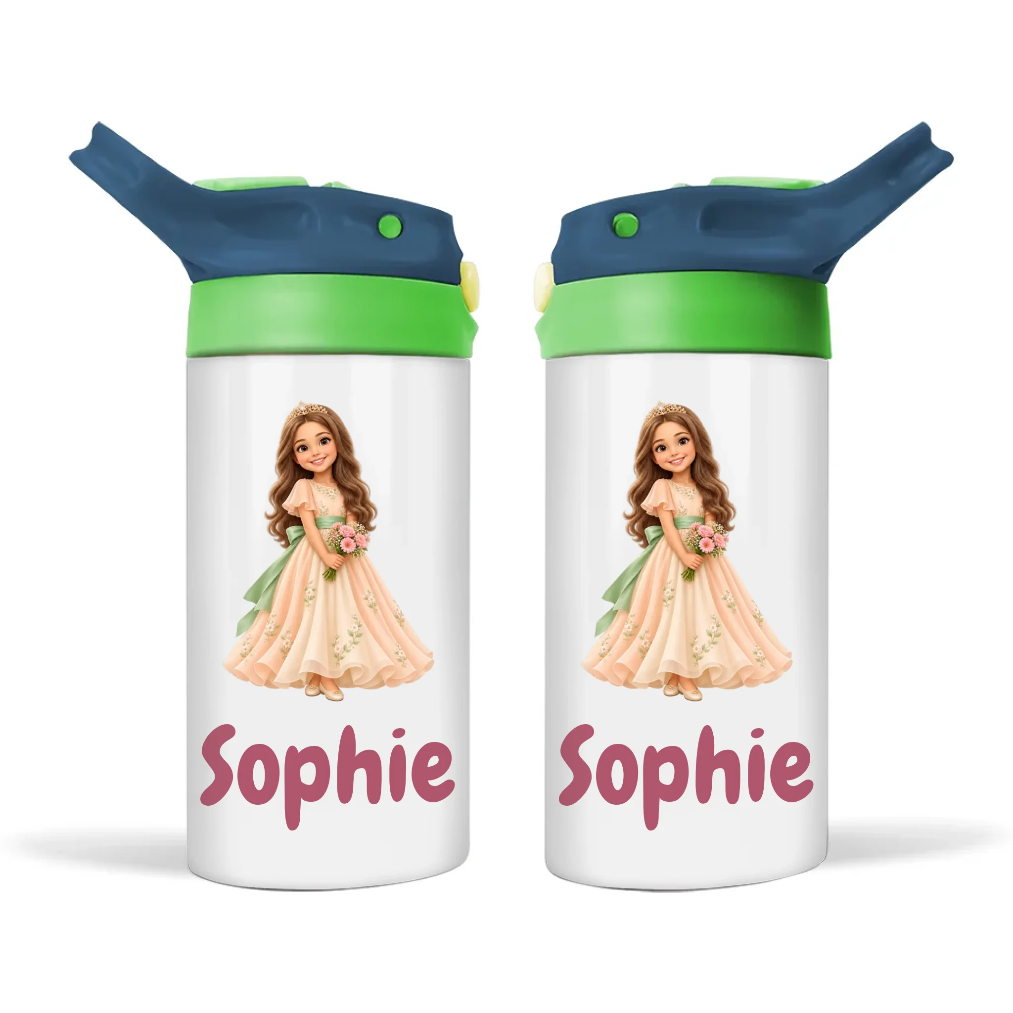 Personalised Storybook Princess and Prince Kids Photo Sippy Drink Bottle, Navy Blue-Green