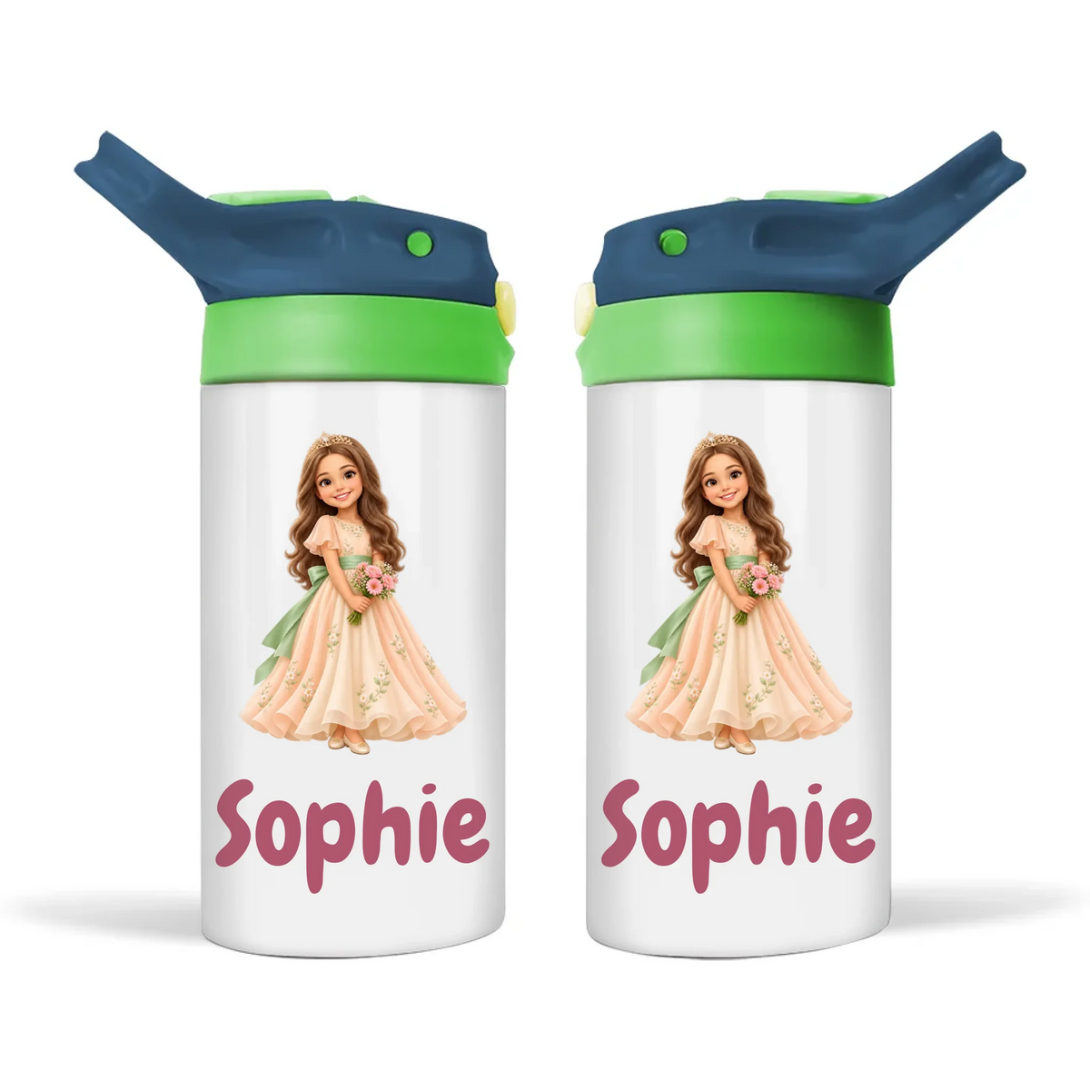 Personalised Storybook Princess and Prince Kids Photo Sippy Drink Bottle, Navy Blue-Green
