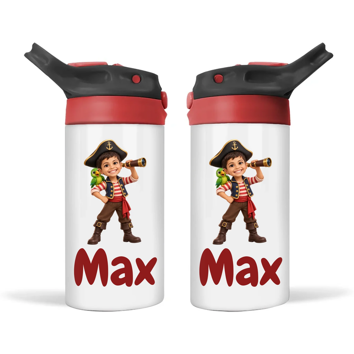 Personalised Pirate Captain Kids Photo Sippy Drink Bottle, Black-Red