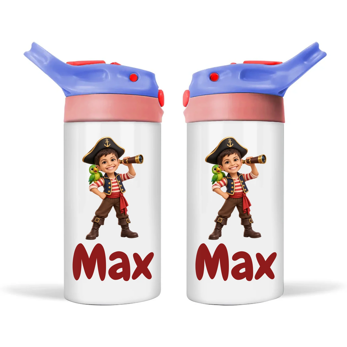Personalised Pirate Captain Kids Photo Sippy Drink Bottle, Blue-Pink