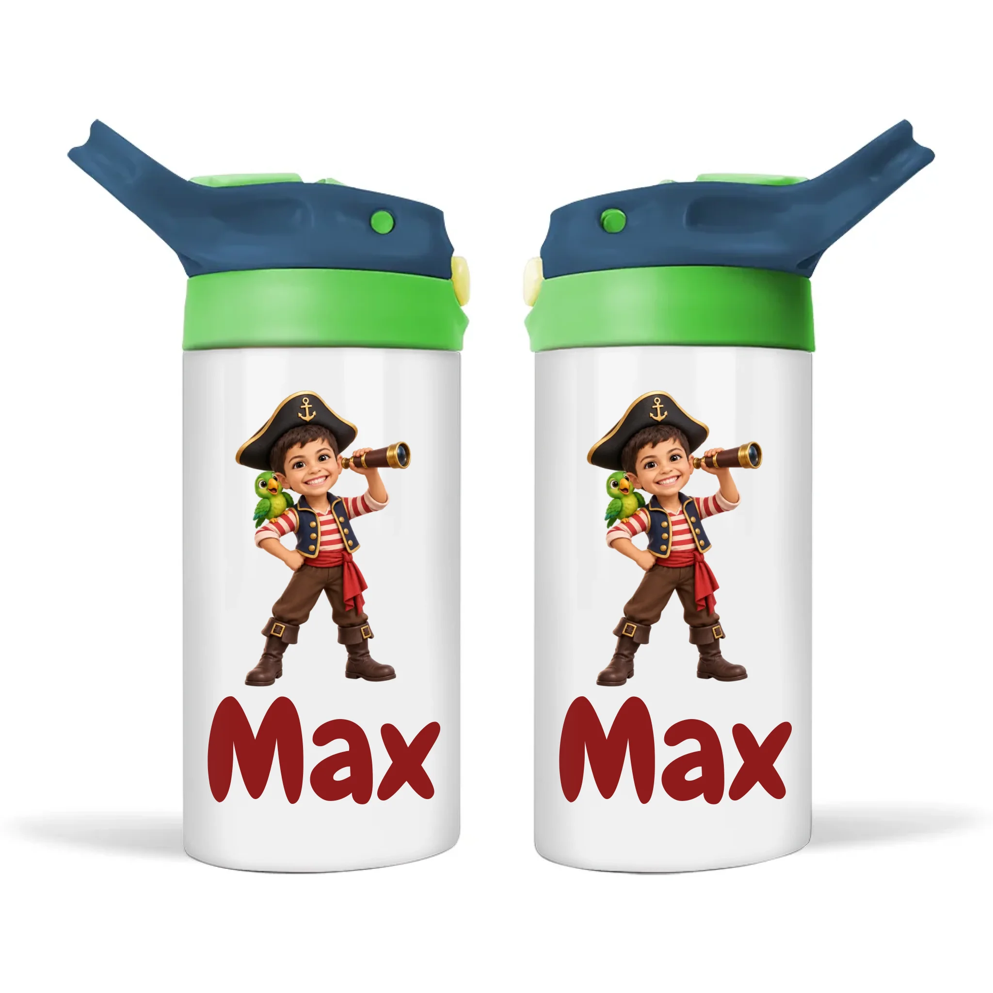 Personalised Pirate Captain Kids Photo Sippy Drink Bottle, Navy Blue-Green