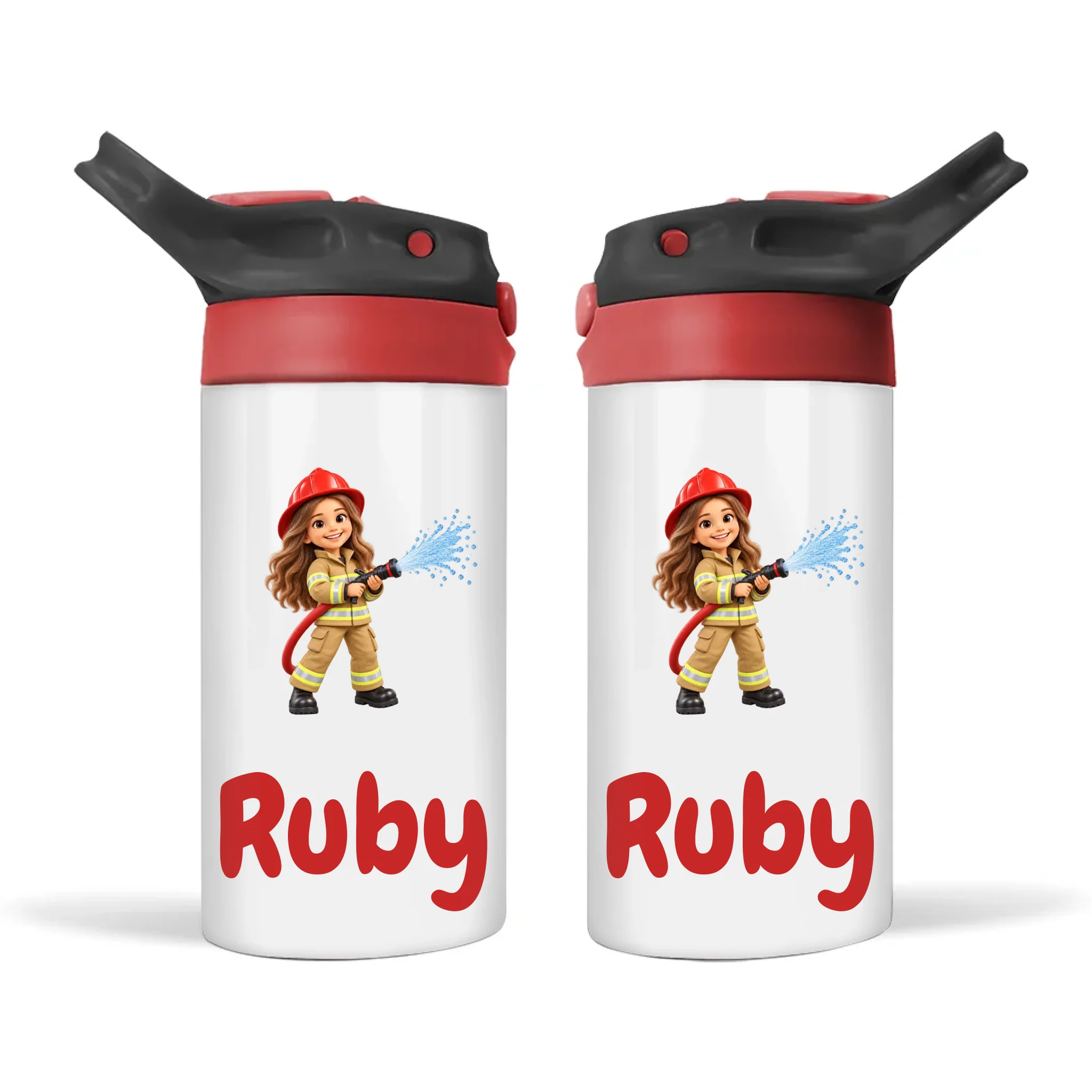 Personalised Little Firefighter Kids Photo Sippy Drink Bottle, Black-Red