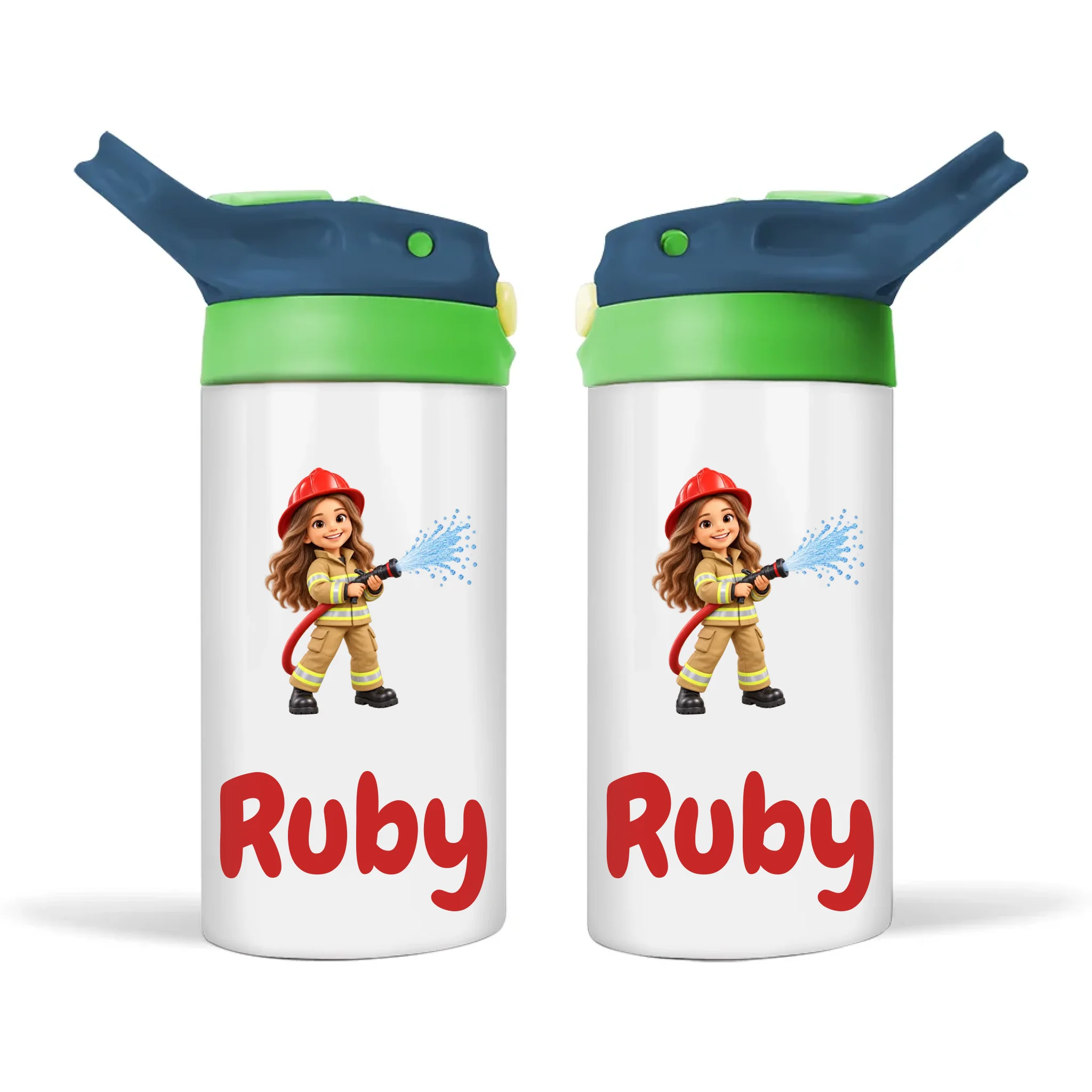 Personalised Little Firefighter Kids Photo Sippy Drink Bottle, Navy Blue-Green