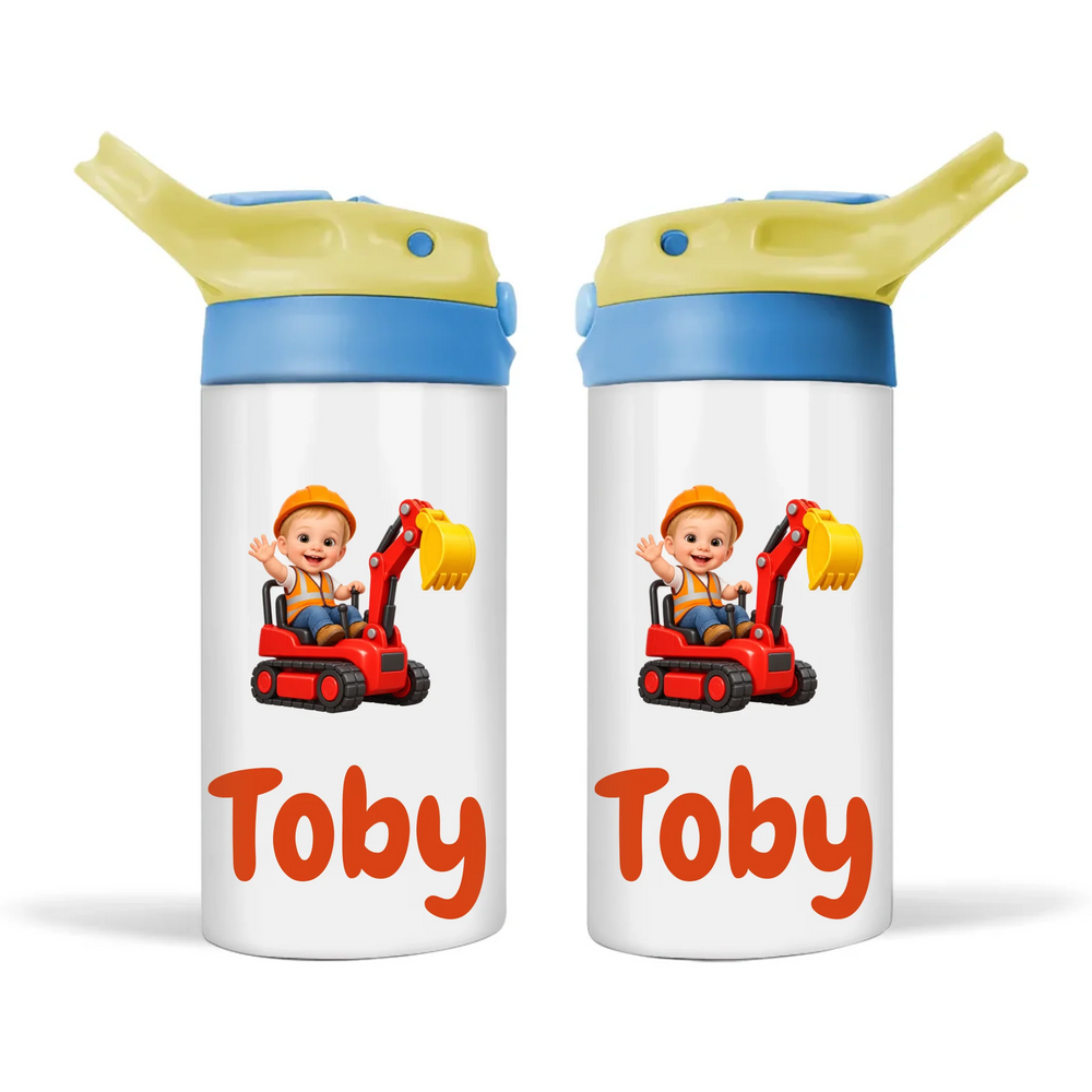 Personalised Digger Driver Kids Cartoon Sippy Drink Bottle from Your Photo