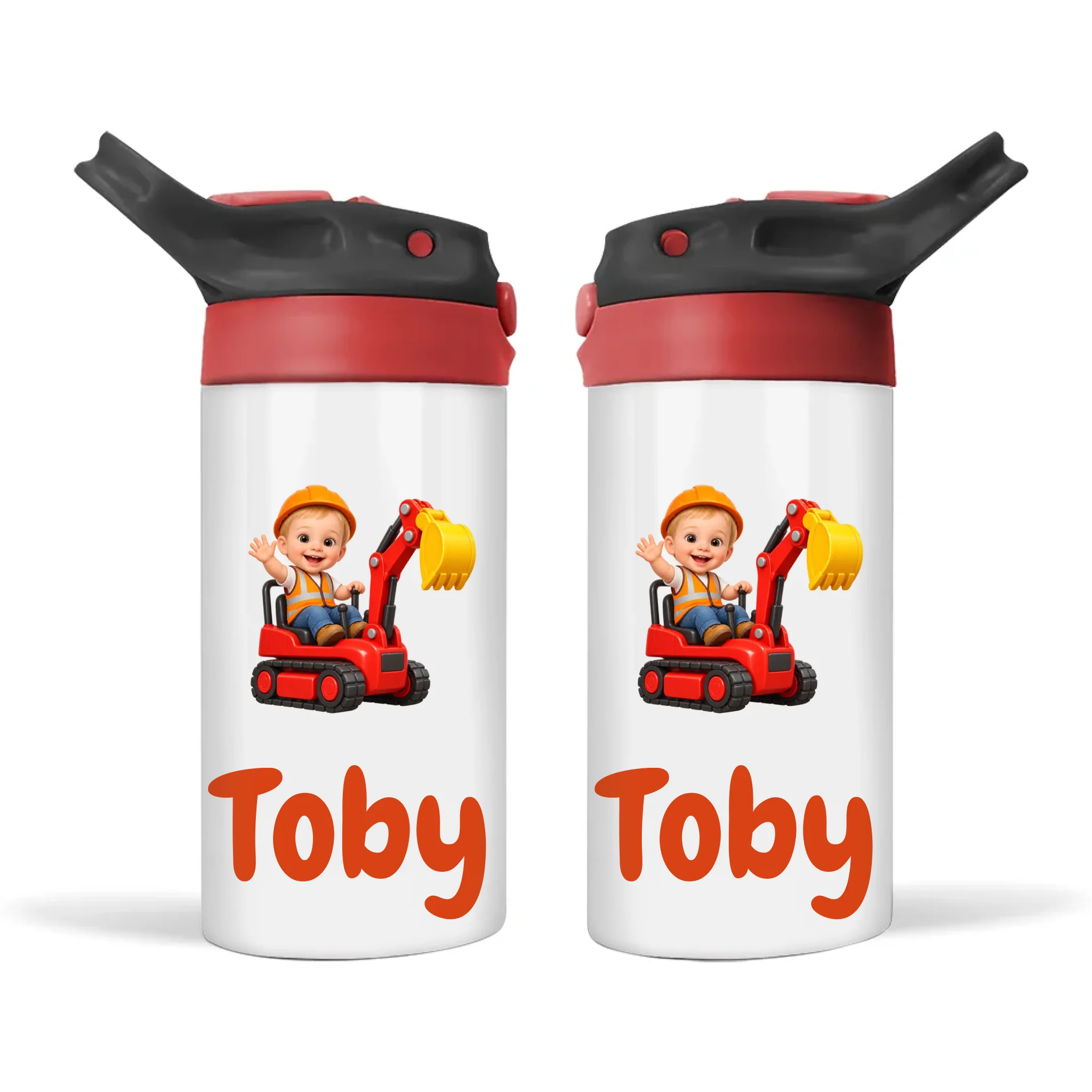 Personalised Digger Driver Kids Photo Sippy Drink Bottle, Black-Red