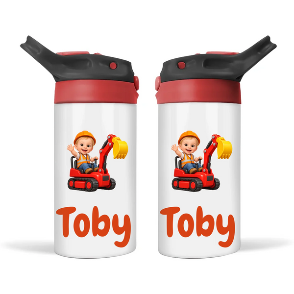 Personalised Digger Driver Kids Photo Sippy Drink Bottle, Black-Red
