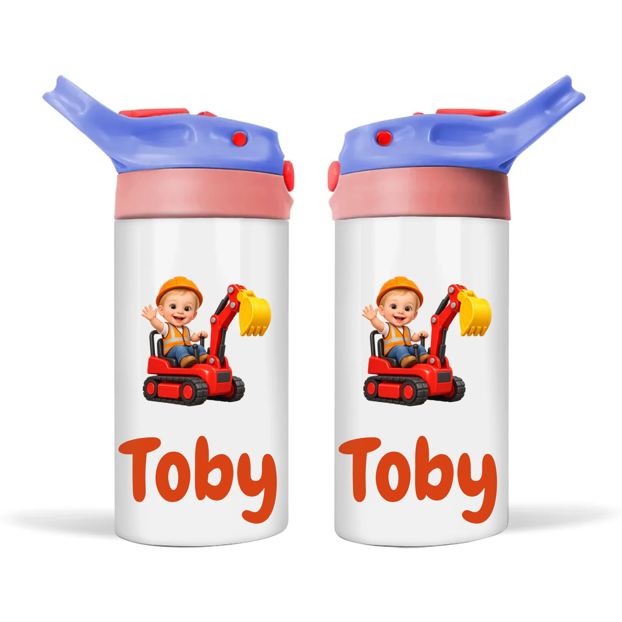Personalised Digger Driver Kids Photo Sippy Drink Bottle, Blue-Pink