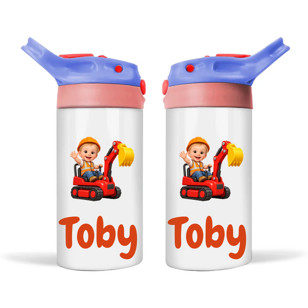 Personalised Digger Driver Kids Photo Sippy Drink Bottle, Blue-Pink