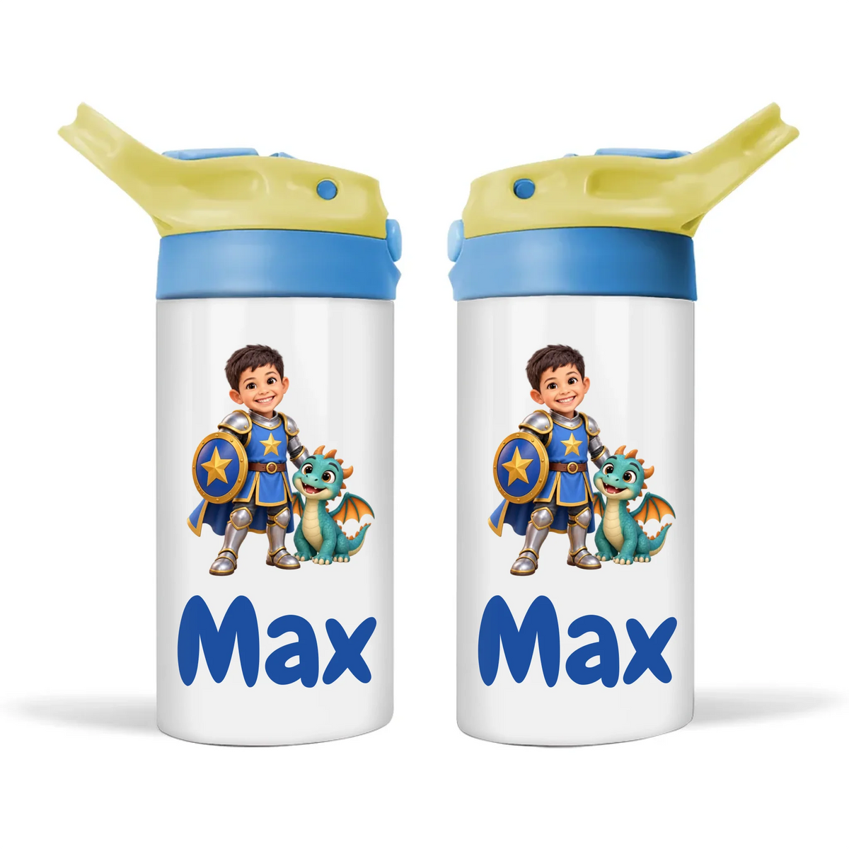 Personalised Knight and Dragon Kids Cartoon Sippy Drink Bottle from Your Photo
