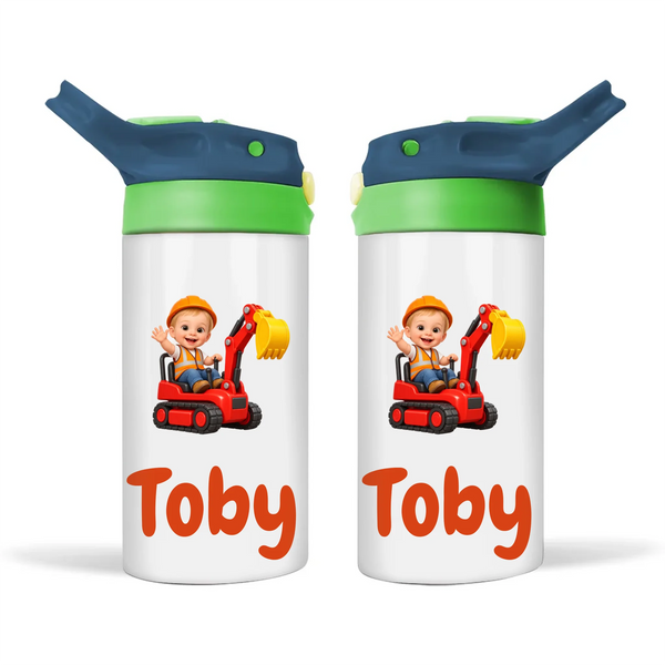 Personalised Digger Driver Kids Photo Sippy Drink Bottle, Navy Blue-Green