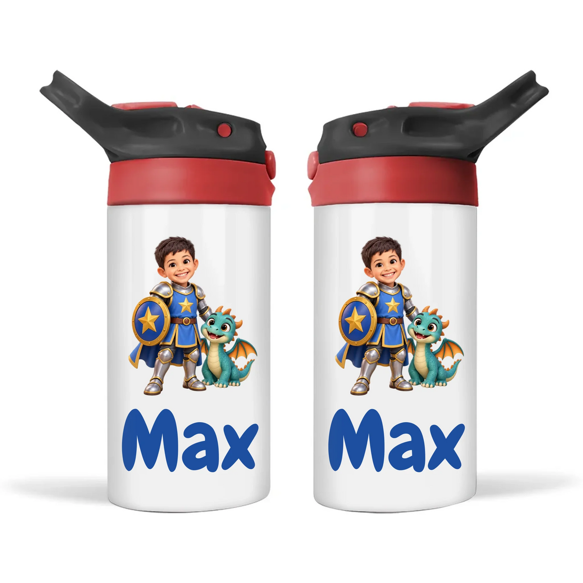 Personalised Knight and Dragon Kids Photo Sippy Drink Bottle, Black-Red