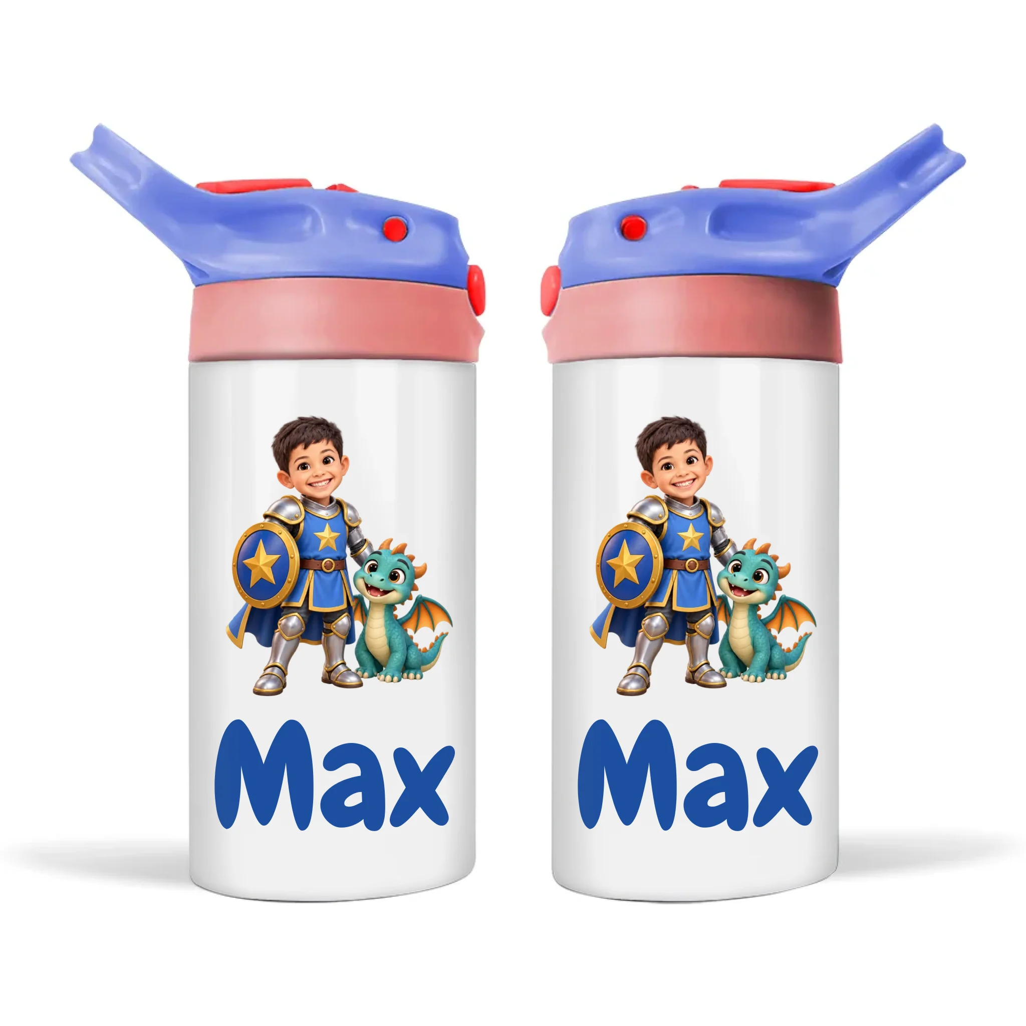 Personalised Knight and Dragon Kids Photo Sippy Drink Bottle, Blue-Pink