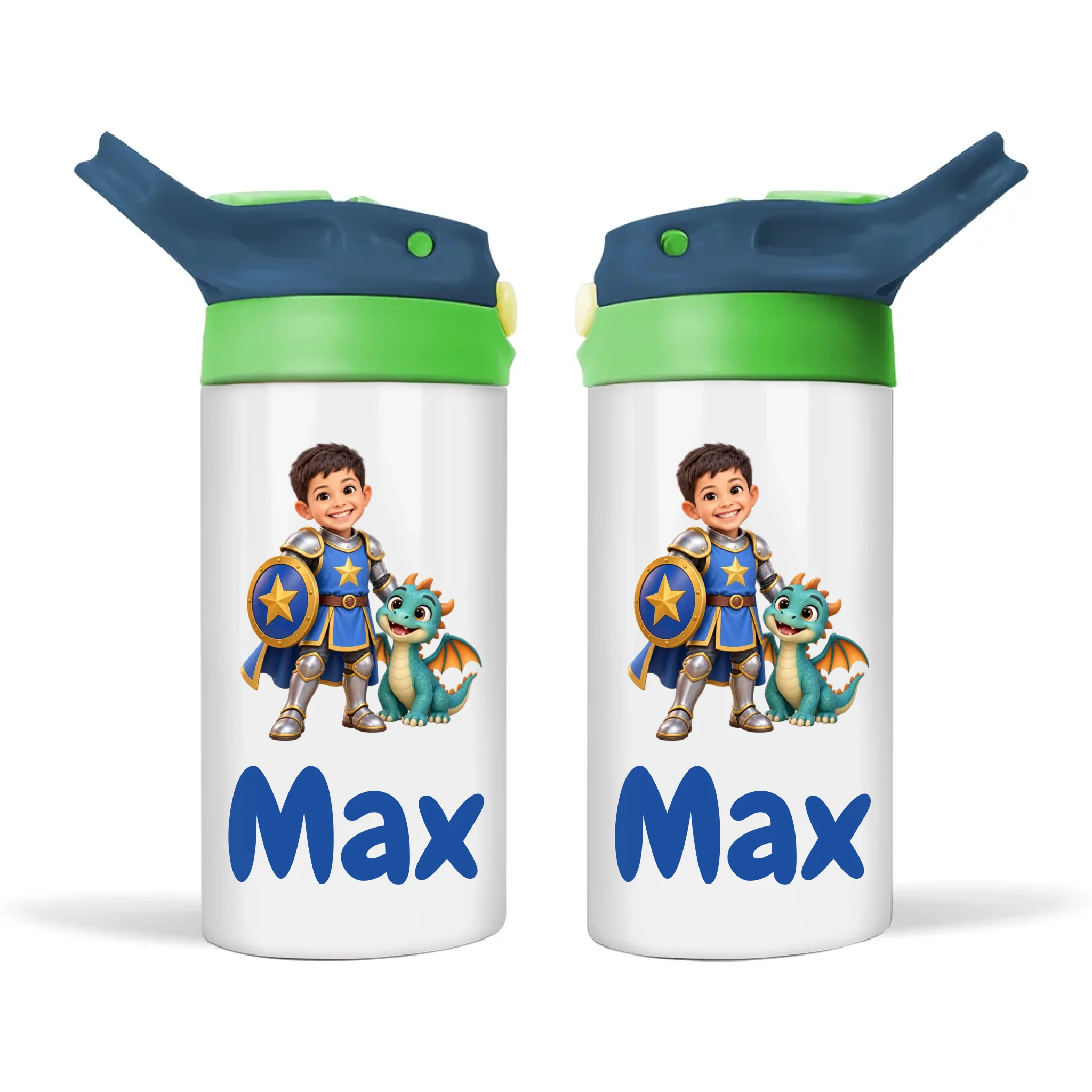 Personalised Knight and Dragon Kids Photo Sippy Drink Bottle, Navy Blue-Green