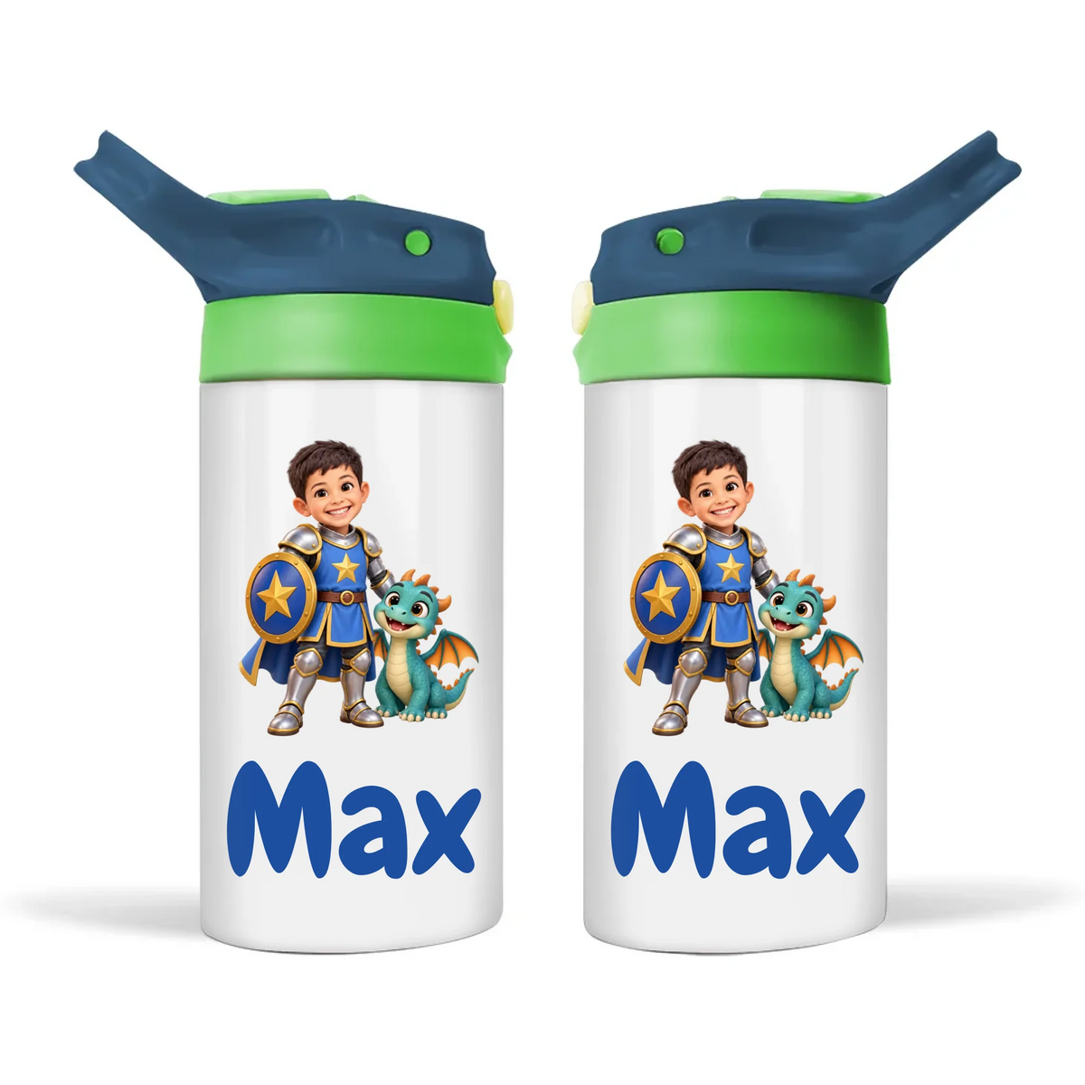 Personalised Knight and Dragon Kids Photo Sippy Drink Bottle, Navy Blue-Green