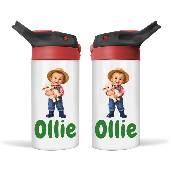 Personalised Little Farmer Kids Photo Sippy Drink Bottle, Black-Red