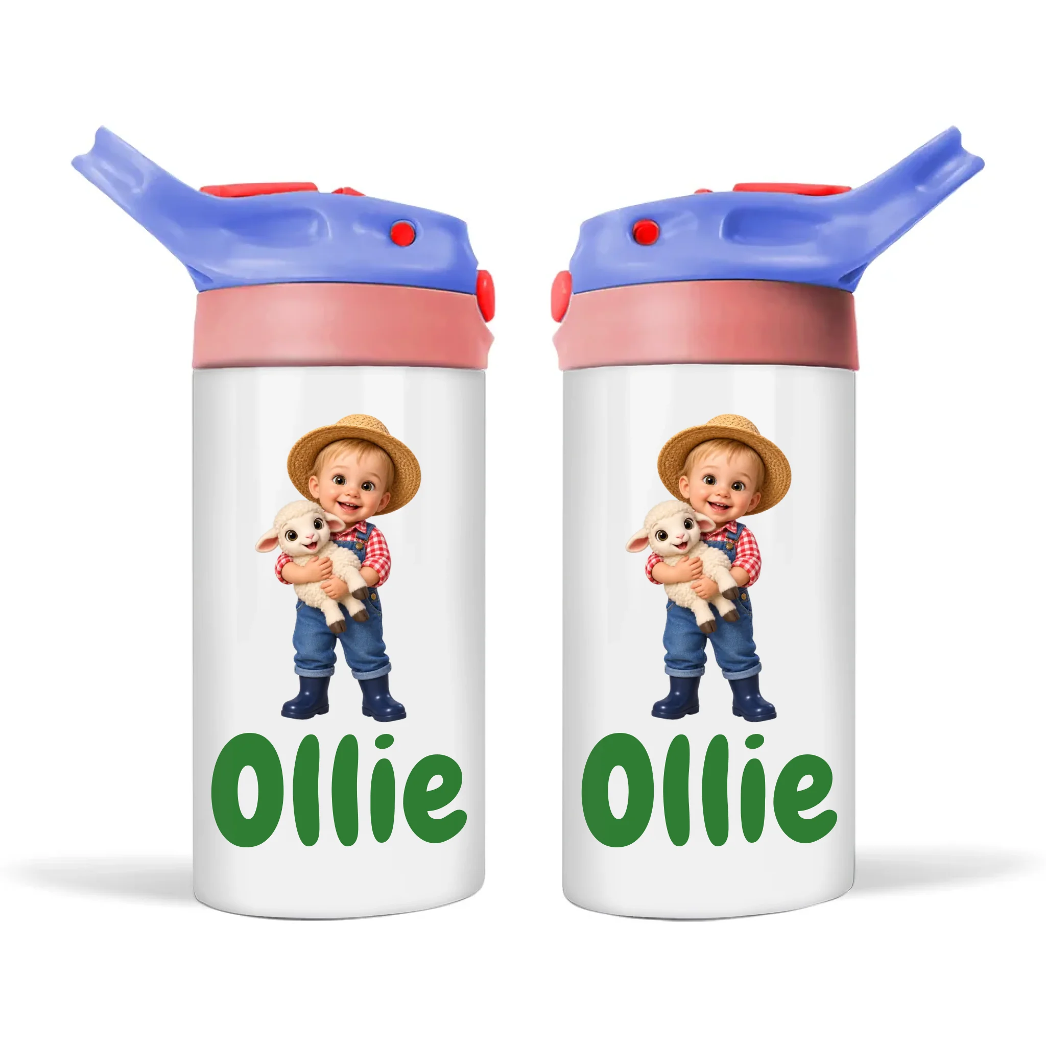 Personalised Little Farmer Kids Photo Sippy Drink Bottle, Blue-Pink