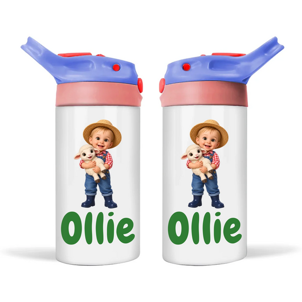 Personalised Little Farmer Kids Photo Sippy Drink Bottle, Blue-Pink