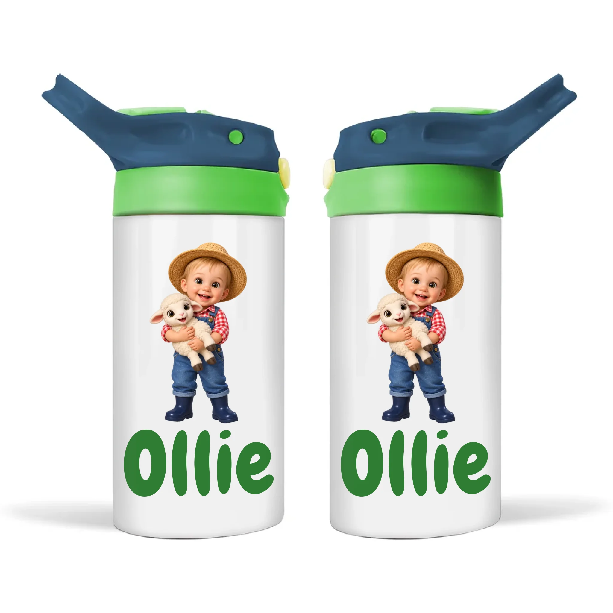 Personalised Little Farmer Kids Photo Sippy Drink Bottle, Navy Blue-Green
