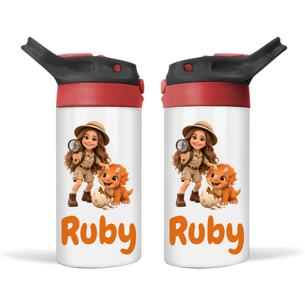 Personalised Dino Explorer Kids Photo Sippy Drink Bottle, Black-Red