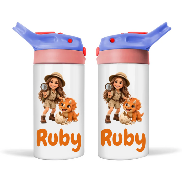 Personalised Dino Explorer Kids Photo Sippy Drink Bottle, Blue-Pink