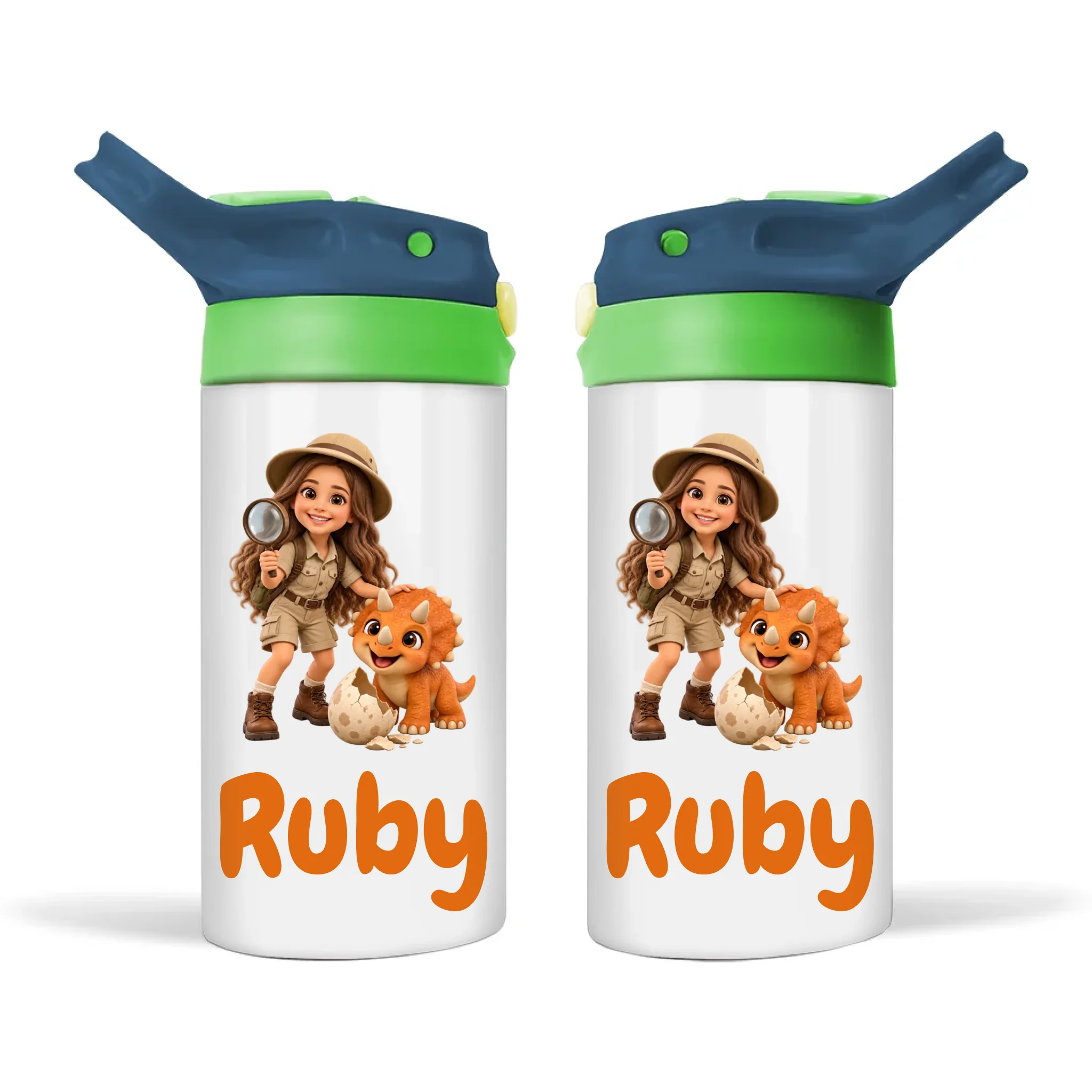 Personalised Dino Explorer Kids Photo Sippy Drink Bottle, Navy Blue-Green