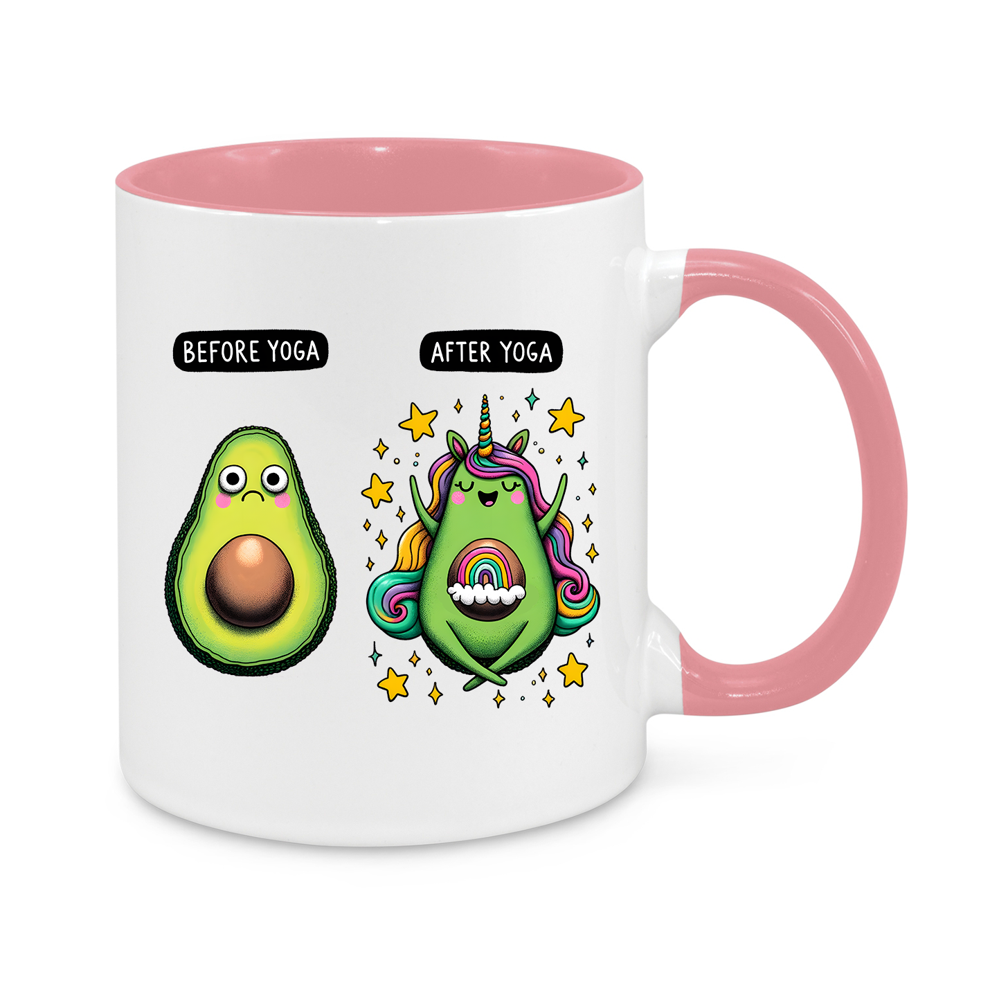 Before & After Yoga Avocado Mug – Funny Yoga Lover Gift with Avocado & Unicorn Design