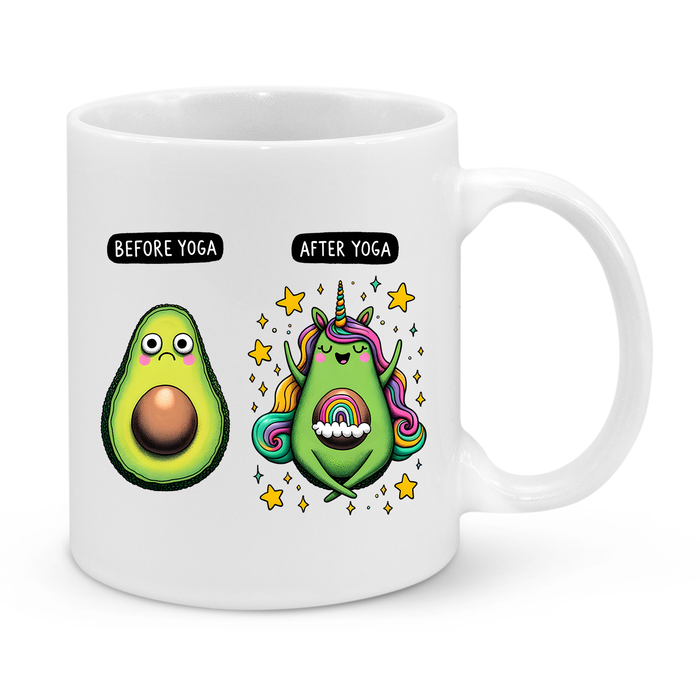 Before & After Yoga Avocado Mug – Funny Yoga Lover Gift with Avocado & Unicorn Design