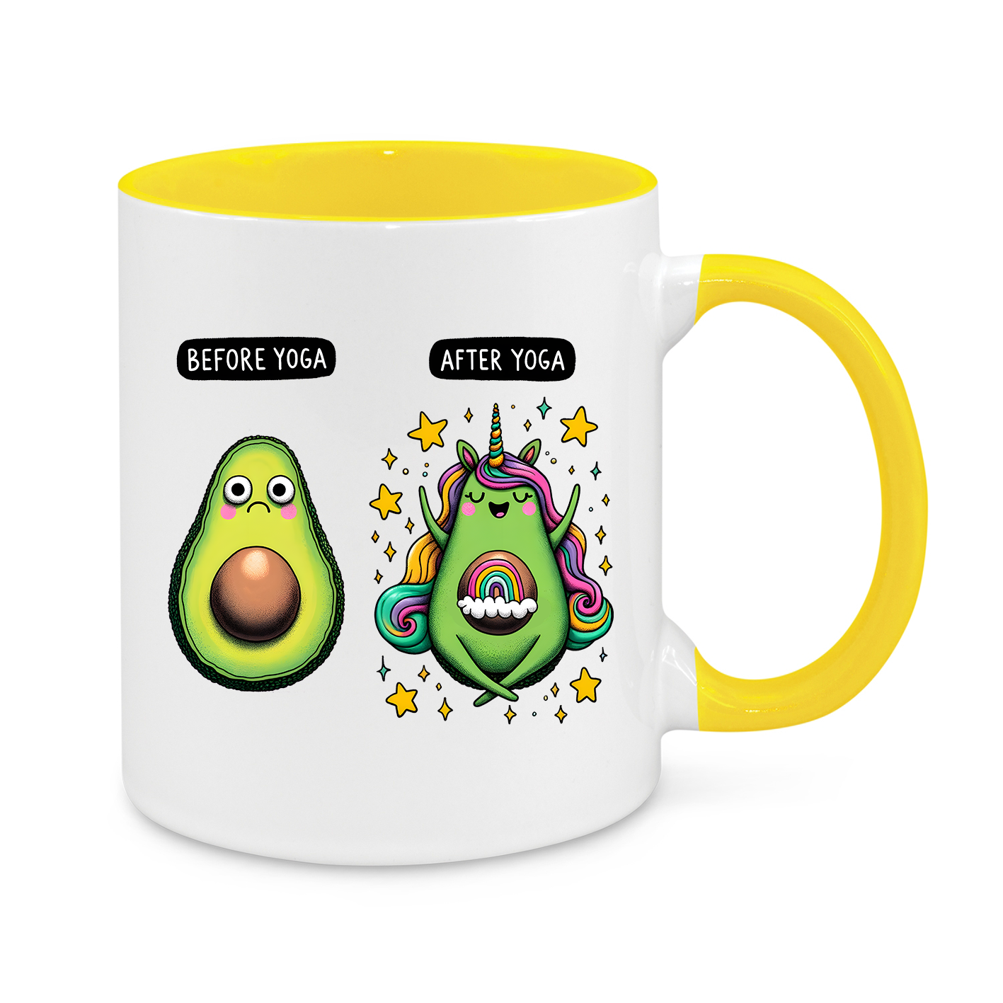 Before & After Yoga Avocado Mug – Funny Yoga Lover Gift with Avocado & Unicorn Design
