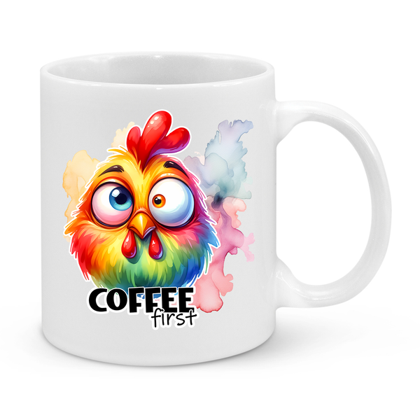 Coffee First Mug – Funny 11oz Rooster Coffee Cup – Perfect Gift for Caffeine Addicts & Morning Zombies