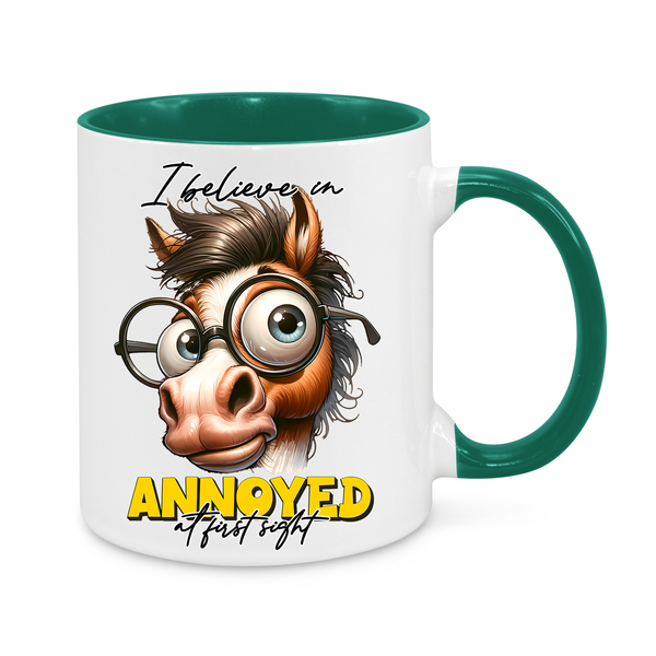 Funny Horse Mug – "I Believe in Annoyed at First Sight" – Hilarious 11oz Coffee Cup – Sarcastic Gift for Work, Friends & Coffee Lovers