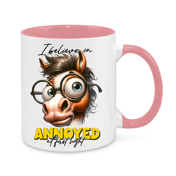 Funny Horse Mug – "I Believe in Annoyed at First Sight" – Hilarious 11oz Coffee Cup – Sarcastic Gift for Work, Friends & Coffee Lovers