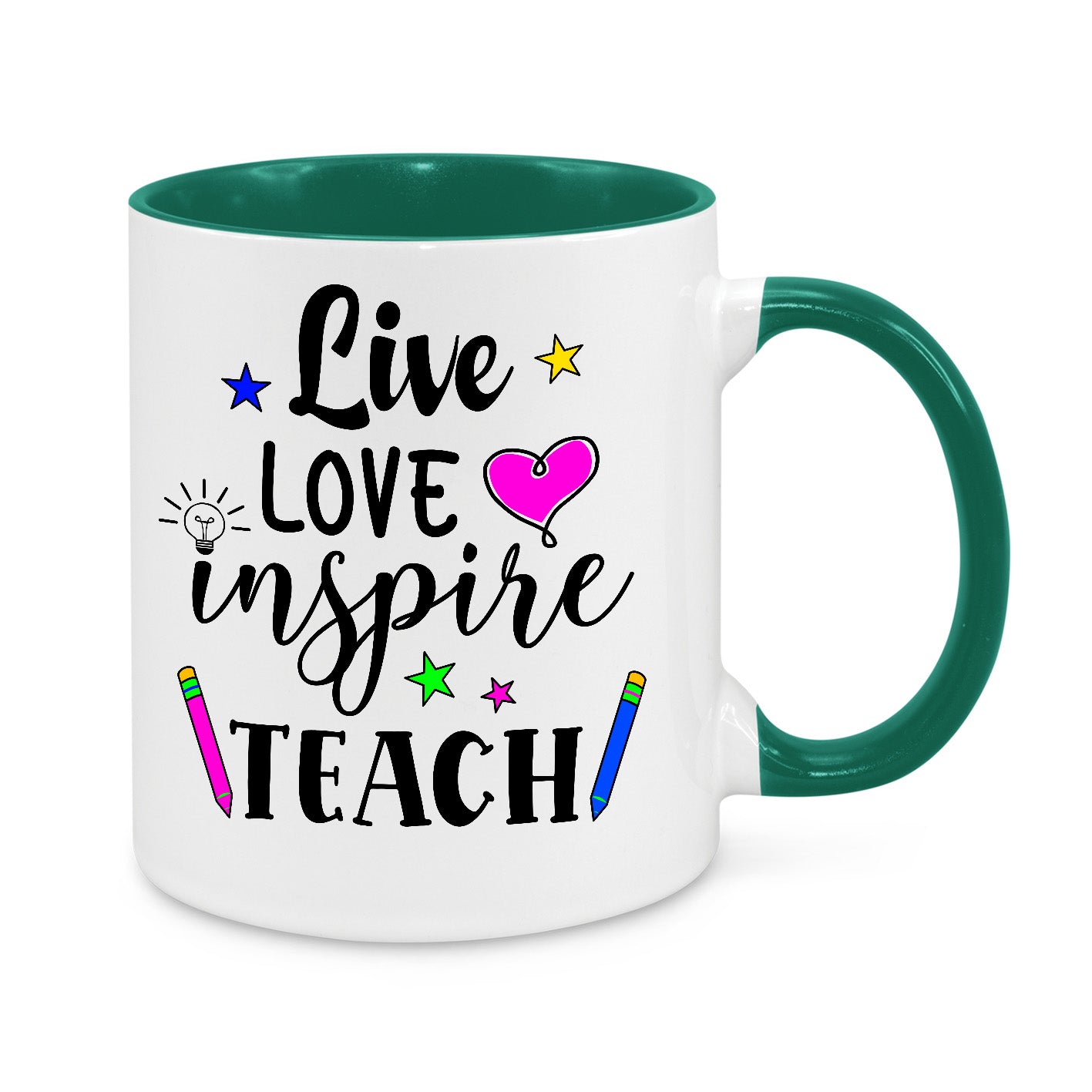 Live Love Inspire Teach Novelty Mug, white mug with green handle and inside