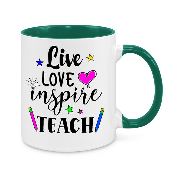 Live Love Inspire Teach Novelty Mug, white mug with green handle and inside