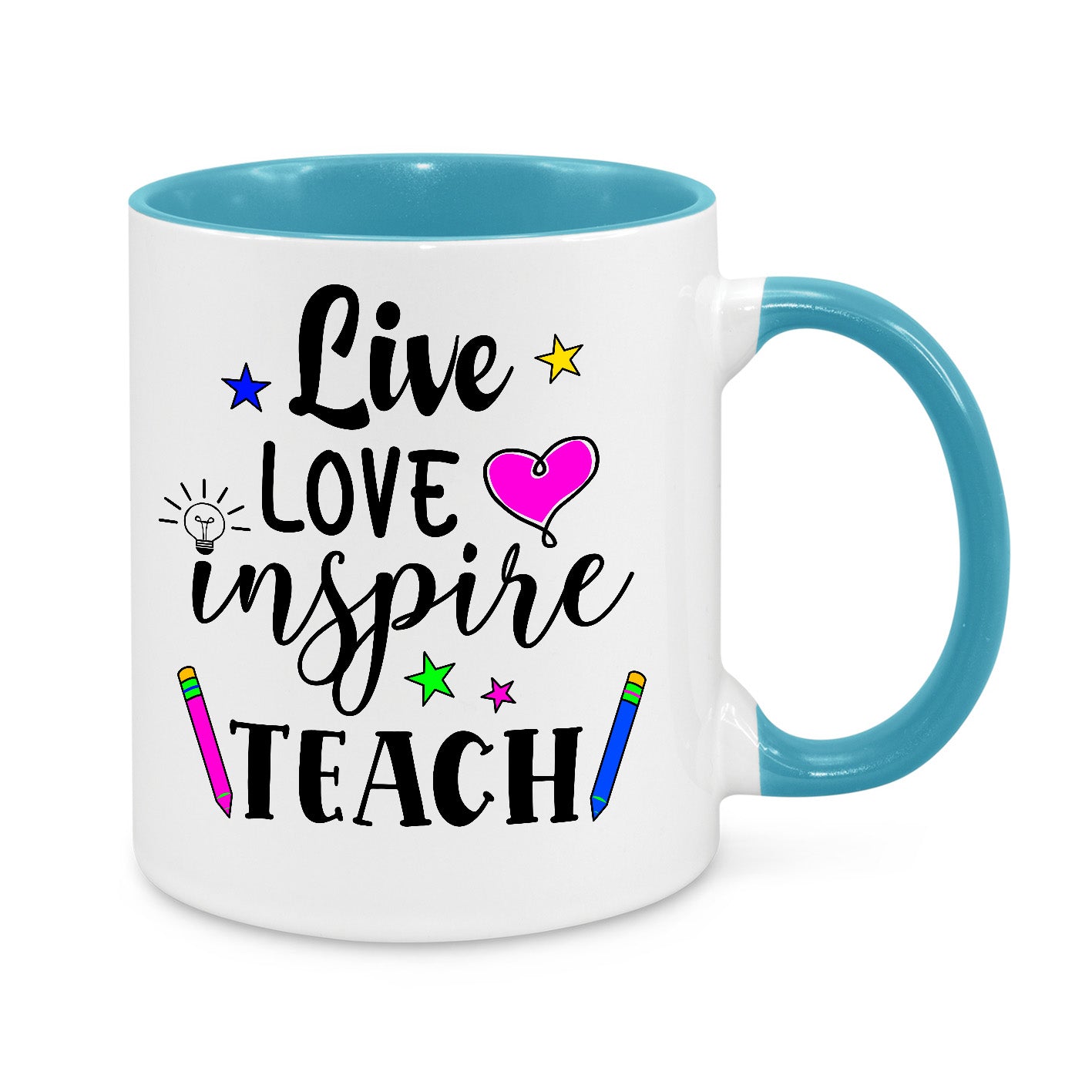 Live Love Inspire Teach Novelty Mug, white mug with turquoise handle and inside