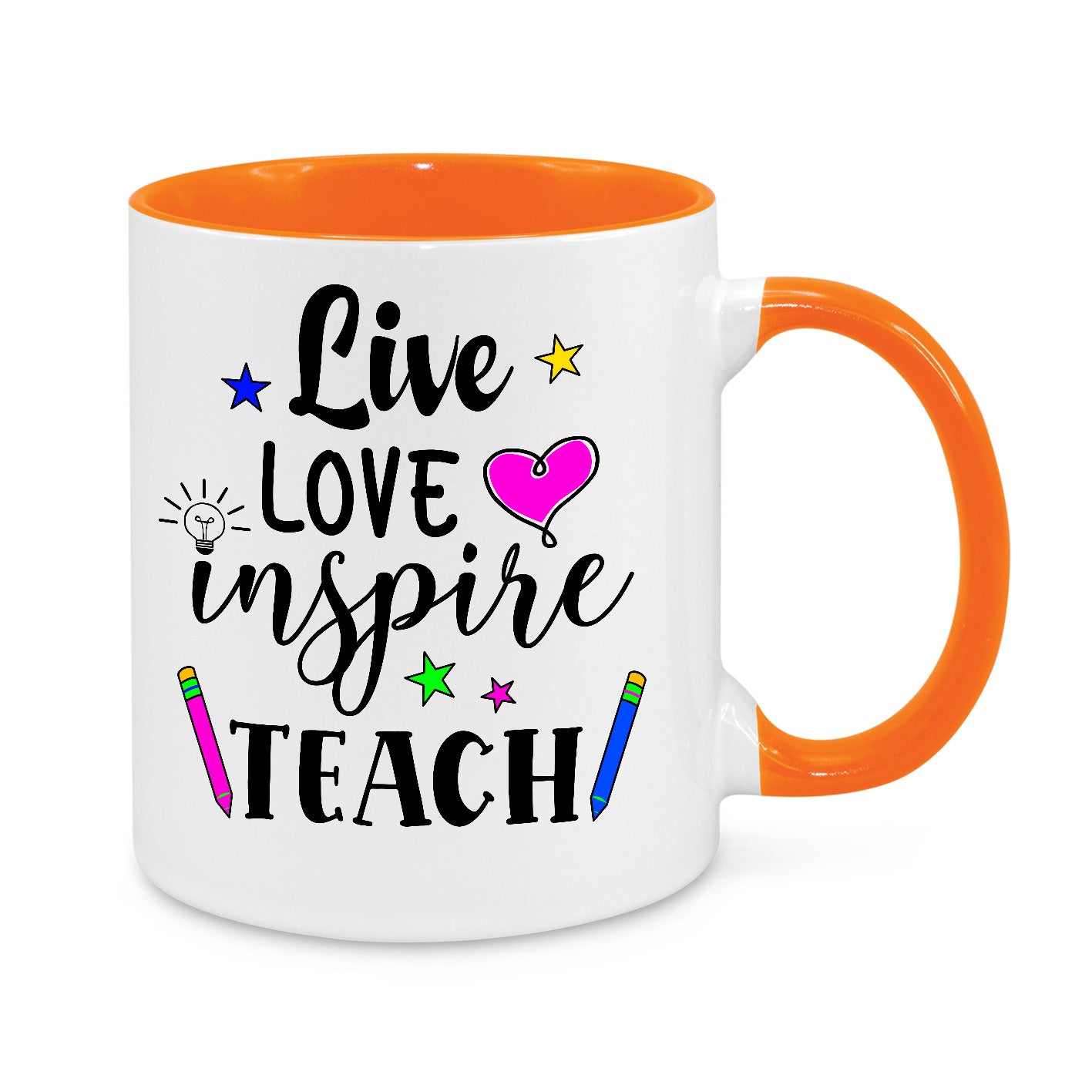 Live Love Inspire Teach Novelty Mug, white mug with orange handle and inside