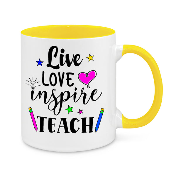 Live Love Inspire Teach Novelty Mug, white mug with yellow handle and inside